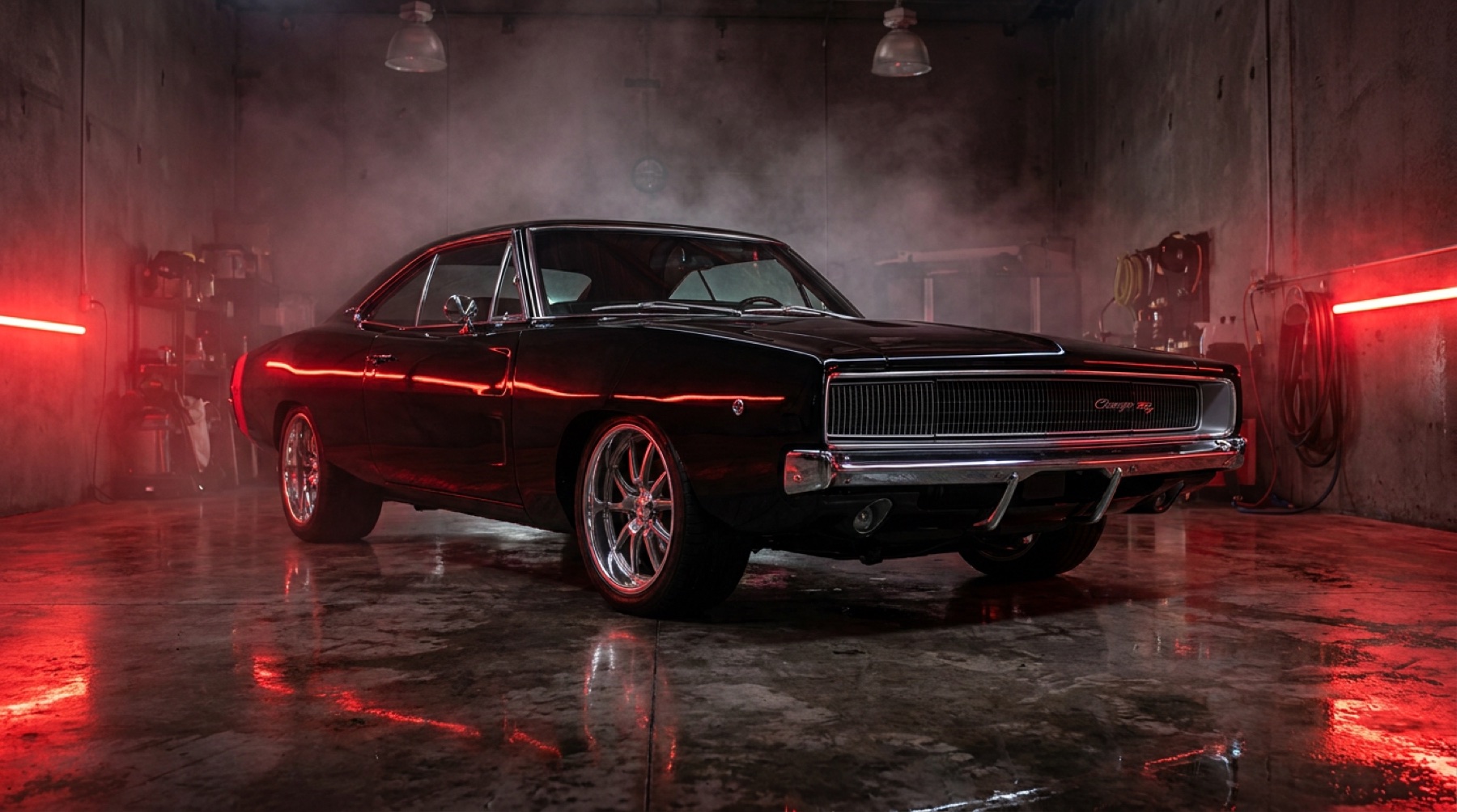 A show-quality black muscle car detailed to a mirror finish